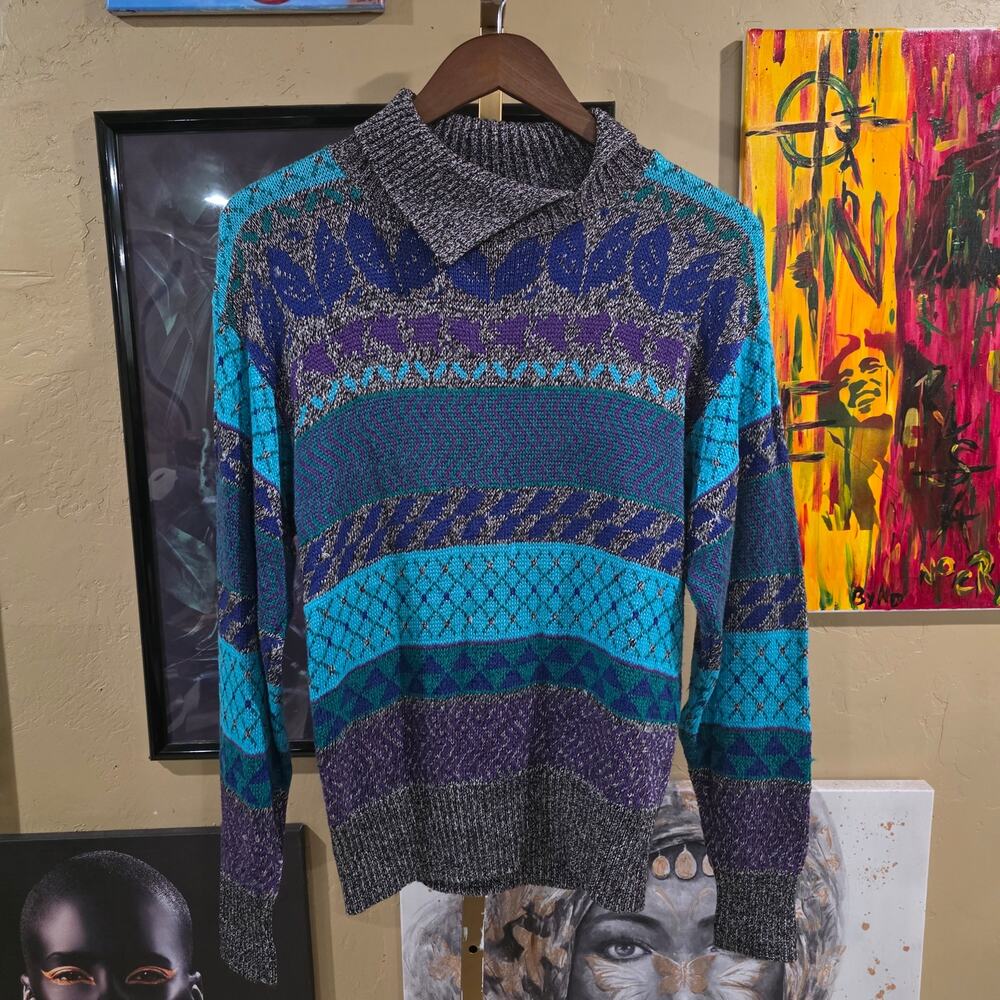 Vintage 90s Marisa Christina Geometric Vibrant Collared Pullover Sweater Medium